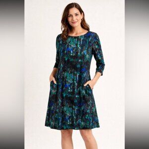 Sympli Trapeze Dress Woman 10 Abstract Print Pockets 3/4 Sleeve Stretch Office